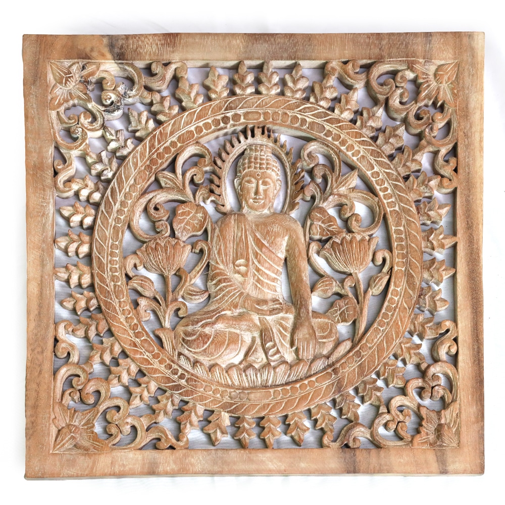 Buddha fali dekoráció, white washed, 40cm