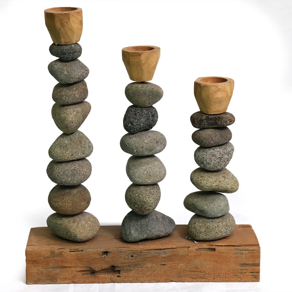 Gyertyatartó természetes kőn, szürke, 3 részes, 35x40cm