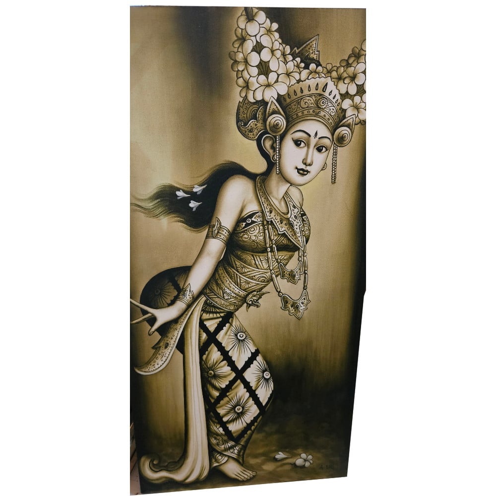 Tari Legong fali kép: kézzel festett bársonyra, effektlakkal, 60 x 120 cm