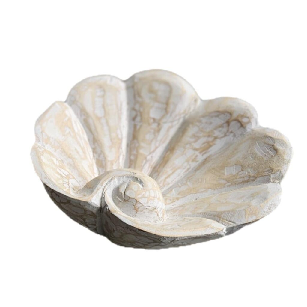 Kerang fa tál kagyló formában, Albesia fából, white-washed