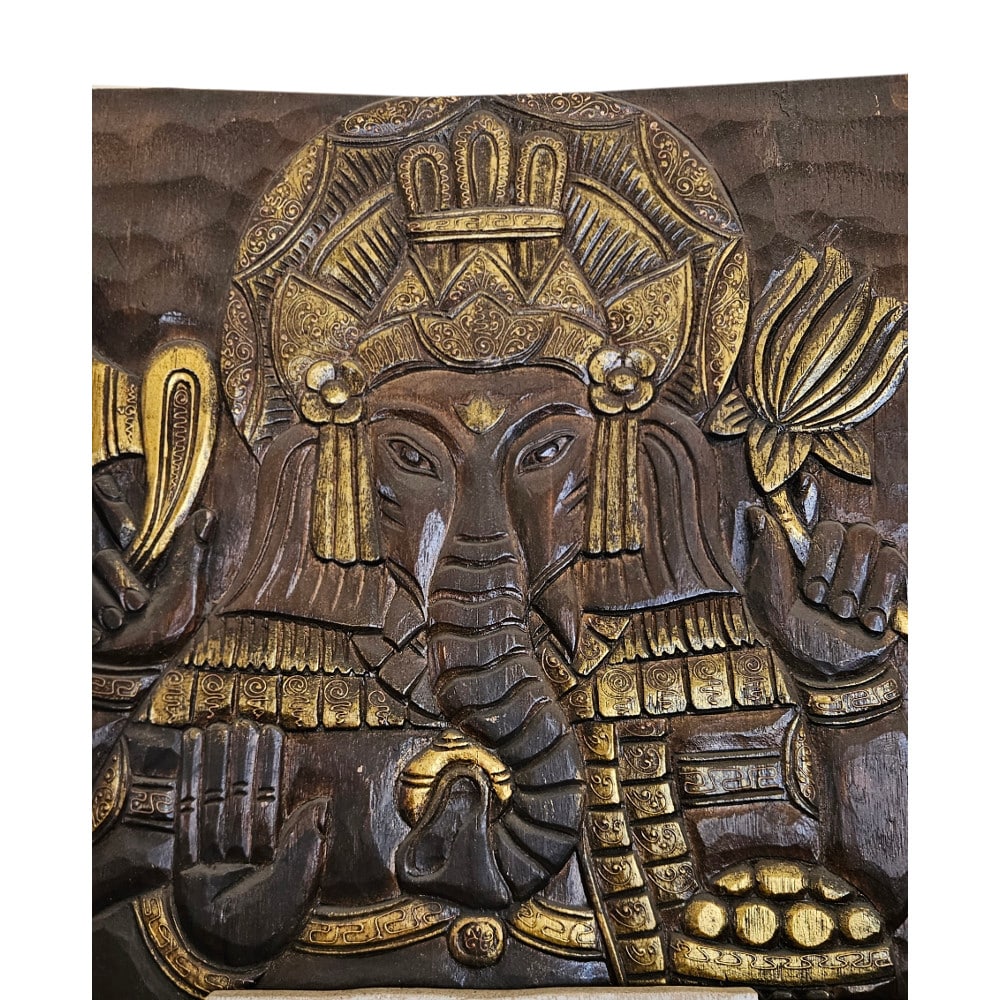 Ganesha falikép aranyszínnel sötétbarnán, Albesia fából, egy részes, 100 x 60 cm