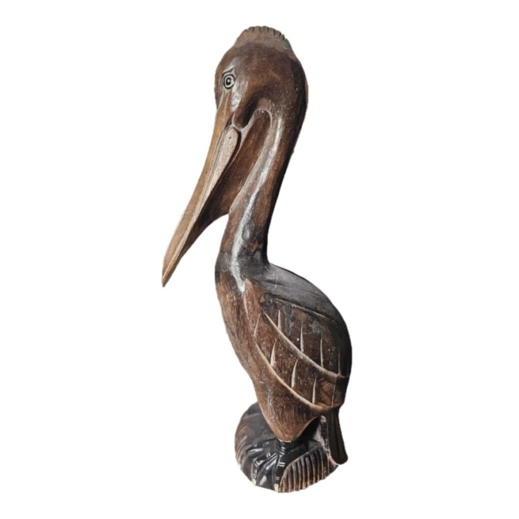 Pelikan szobor Albesia-fából, kézzel faragott, 30 cm