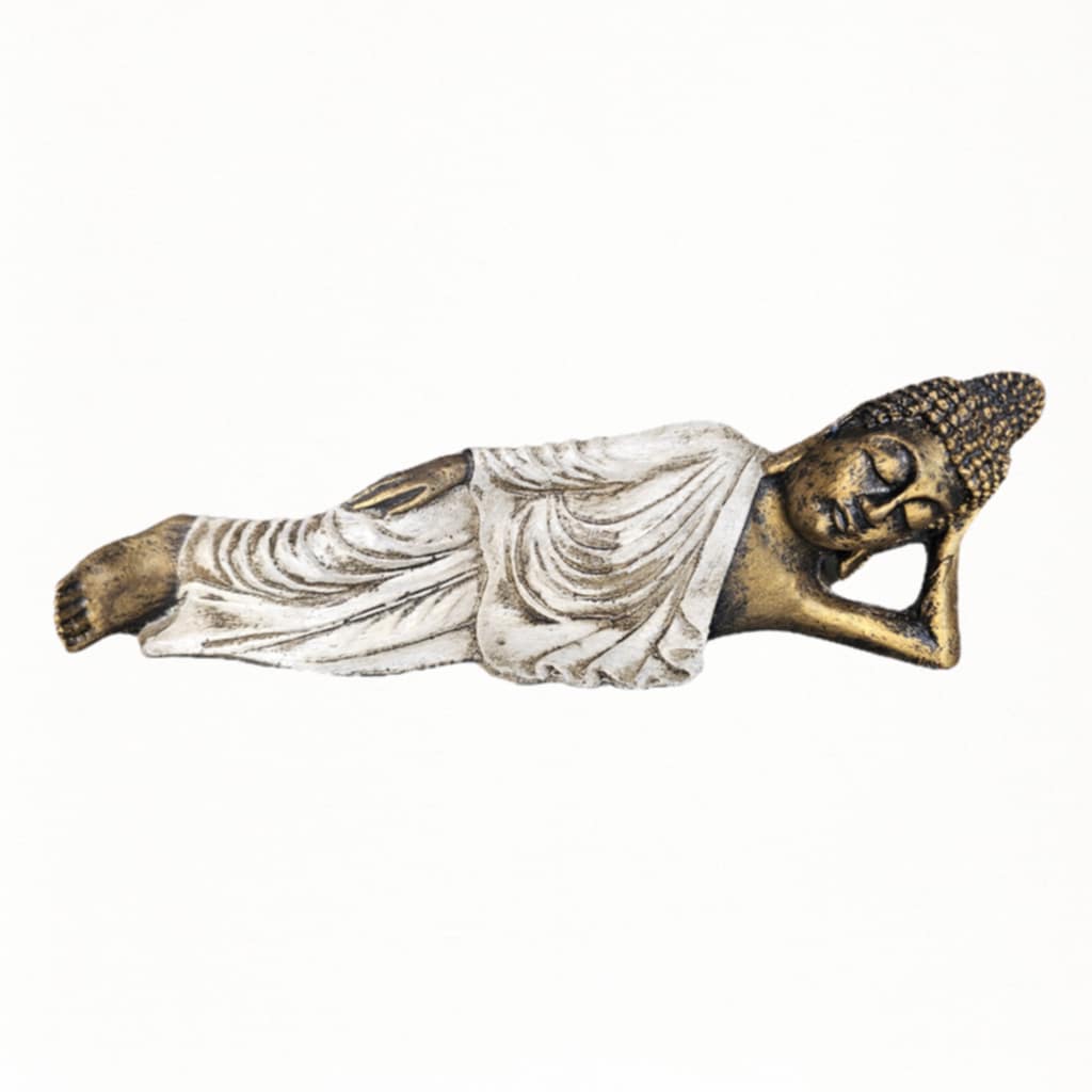 Fekvő Samadhi Buddha figura, bronz hatású viaszöntvény, 30 cm
