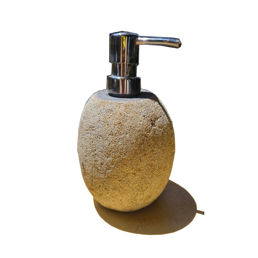 Santi szappanadagoló: folyami kőből készült pumpás flakon, kerek, 18 cm