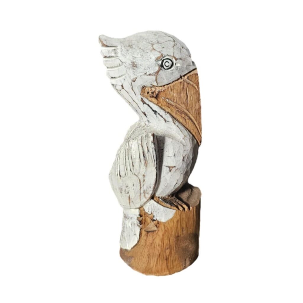 Albesia-fából készült, kézzel festett pelikánfigura, 25 cm
