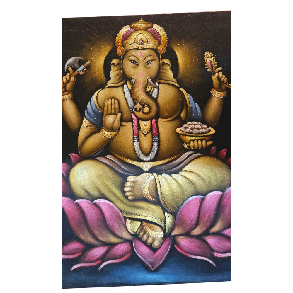 Ganesha falikép: kézzel festett bársonyra, effektlakkal, 70 × 90 cm